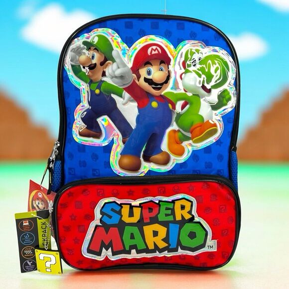 OFFICIAL Super Mario Backpack Reflective Kids School Bookbag Bag 17” w Bag Charm - Picture 10 of 16